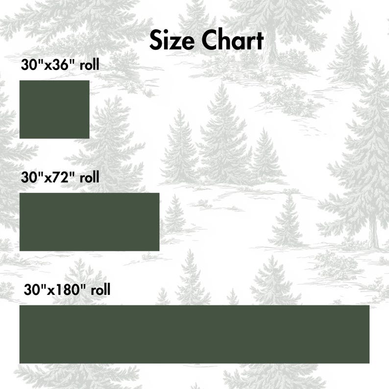 May include: Size chart showing three different roll sizes: 30"x36", 30"x72", and 30"x180". Each roll is a dark green rectangle. The background features a repeating pattern of gray trees on a white background.