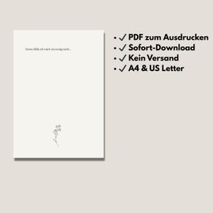Op de afbeelding: Een cr&egrave;mekleurige printbare kunstafdruk met de tekst "Heute f&uuml;hle ich mich ein wenig mehr..." en een kleine bloemenillustratie. De print bevat ook de tekst "PDF zum Ausdrucken", "Sofort-Download", "Kein Versand" en "A4 & US Letter".