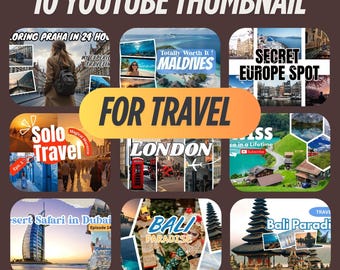 Travel Vlog YouTube Thumbnails | Canva Templates (10 Editable Designs)