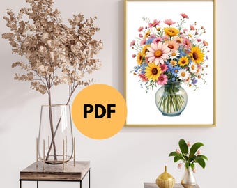 Wildflower Bouquet Art Print – Colorful Floral Wall Decor, PDF Instant Download