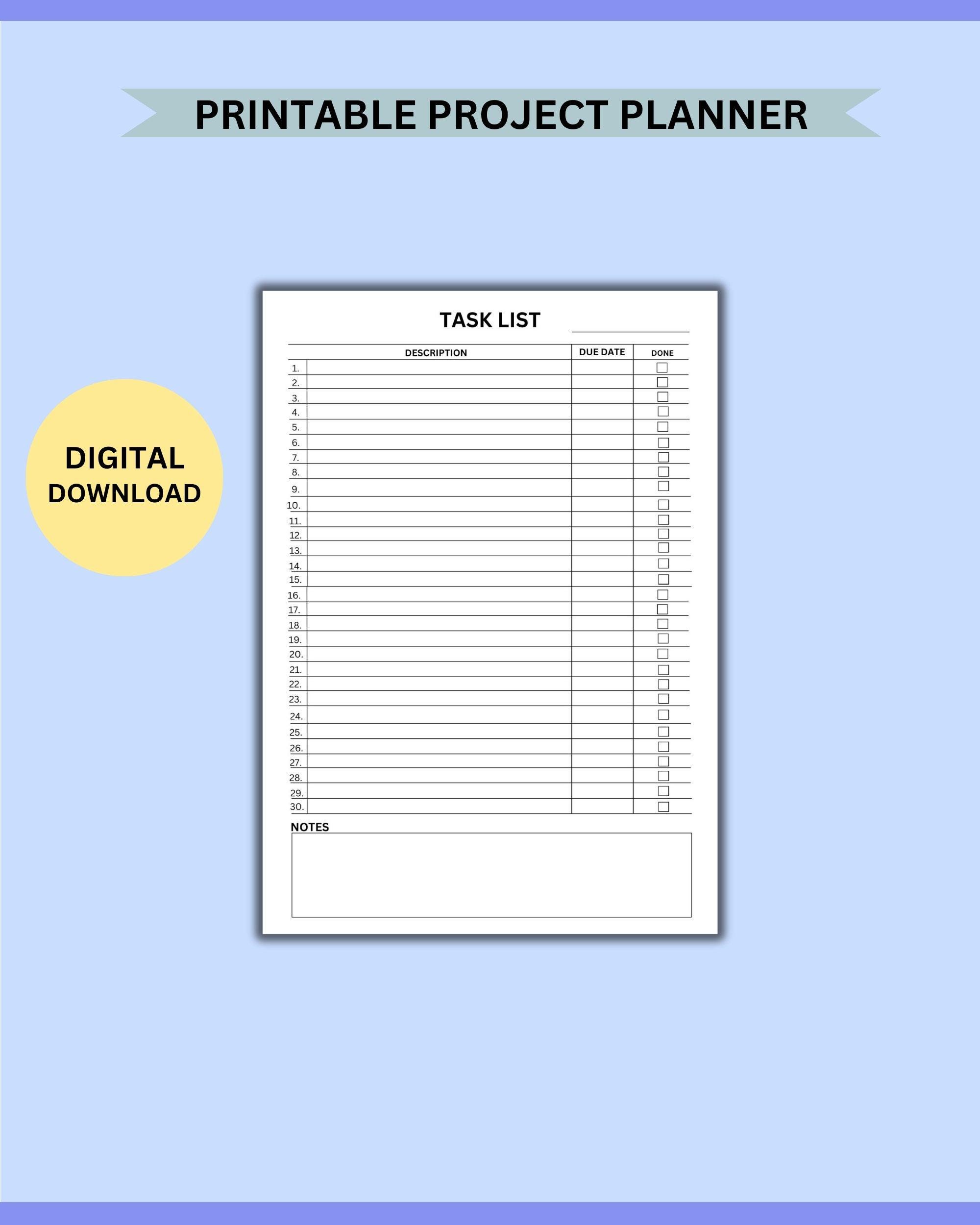 Printable Project Planner Template PDF - Easy to Use - Tasks to Do List, Work Productivity ...