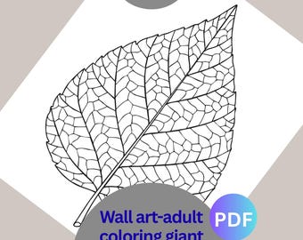 Wall Art Adult Coloring Giant – Detailed Leaf Illustration Relaxation, Stress Relief Coloring Poster, Printable Botanical Art for Adults