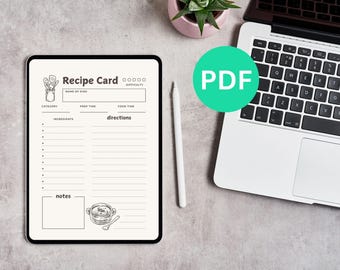 Printable Recipe Card Template – Kitchen Meal Planning Download Minimalist Cooking Organizer PDF