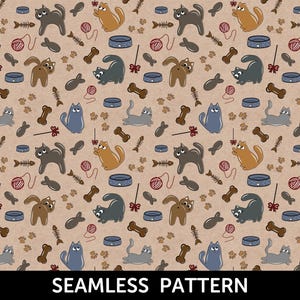 Cute Cats on Brown Seamless Pattern - Playful Feline Digital Paper - Cartoon Kittens & Pet Toys