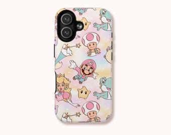 Funda para teléfono inspirada en Mario y sus amigos en tonos pastel / Doble capa, resistente a impactos / iPhone, Samsung y Pixel