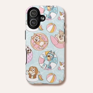 May include: A light blue smartphone case featuring a repeating pattern of cartoon dogs, including Bluey and Bingo, floating in pool rings and on inflatable unicorns and beach balls. The design includes various colorful pool-themed accessories.