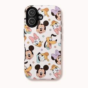 May include: A white phone case featuring a repeating pattern of cartoon character faces, including Mickey Mouse, Minnie Mouse, Donald Duck, Daisy Duck, and Pluto. The case has a black camera cutout and small star accents.