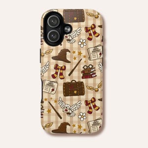 May include: A phone case with a beige and white checkered background featuring a repeating pattern of brown suitcases, white owls, red and yellow striped scarves, brown wizard hats, wands, stacks of books, glasses, and newspapers labeled Daily Prophet.