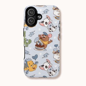 May include: A light blue phone case featuring a repeating pattern of cartoon characters, including a mouse, a cow, and a fish. The case has a black camera lens cutout and a white border.