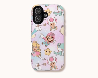 Funda para teléfono inspirada en Mario y sus amigos en tonos pastel / Doble capa, resistente a impactos / iPhone, Samsung y Pixel