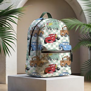 Green Checkered Cars Inspired Backpack | Magical Backpack | Back To School Bag | Kids Backpack | Travel Bag | Trip Backpack | Park Bounding