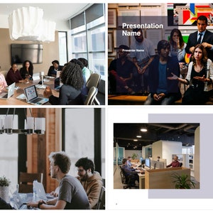 May include: Four slides from a business presentation. The first slide has a dark gray background with the text "Presentation Name" and "Presenter Name". The second slide has a photo of a group of people in a meeting room. The third slide has a photo of a group of people in a meeting room. The fourth slide has a photo of a group of people in an office setting and the text "Agenda".