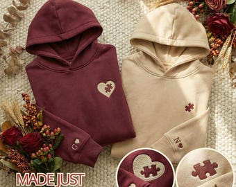 Matching Couple Hoodies & Sweatshirts, Embroidered Puzzle Heart, Personalized Initials, Valentines Day Gift, Anniversary Gift