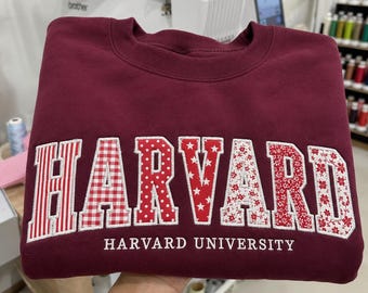 Custom Varsity Letter Embroidered Sweatshirt Personalized College Style Crewneck Applique Patchwork Gingham Polka Dot Gift