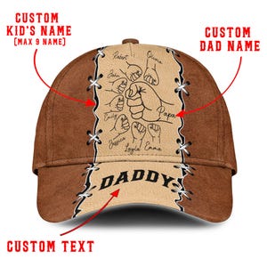 Custom Name Daddy Hat with Kids&#39; Names – Personalized Fist Bump Cap for Dad Papa Grandpa – Leather Look Printed Cap for Father’s Day Gift
