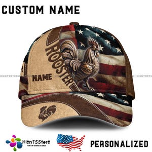 Chapéu de galo com nome personalizado e bandeira americana – Boné de beisebol com nome personalizado para fazendeiros, amantes de galinhas patrióticas, presente estilo country