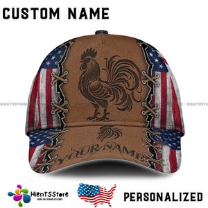 Chapéu de Galo com Nome Personalizado e Bandeira Americana | Boné de Beisebol de Couro com Nome Personalizado | Presente Patriótico de Animal de Fazenda para Homens, Pais, Fazendeiros e Orgulho dos EUA
