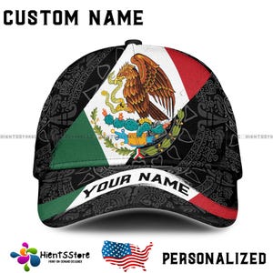Personalized Mexico Flag Baseball Cap with Eagle Emblem – Custom Name Black Aztec Pattern Snapback Hat Gift for Mexican Men Patriotic