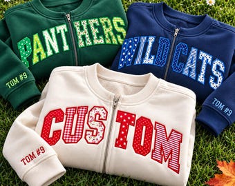 Custom Patchwork Applique Full-Zip Sweatshirt Cardigan, Personalized School Spirit Crewneck, College Style Team Name Embroidered Sweatshirt