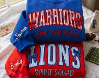 Custom Applique Embroidered Sweatshirt, Personalized Game Day Apparel, Embroidered Mascot Team Spirit, Varsity Style Sports Top