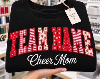 Custom Varsity Applique Embroidered  Sweatshirt, Personalized School Spirit Crewneck, Gingham Floral Patchwork Embroidered Sweatshirt