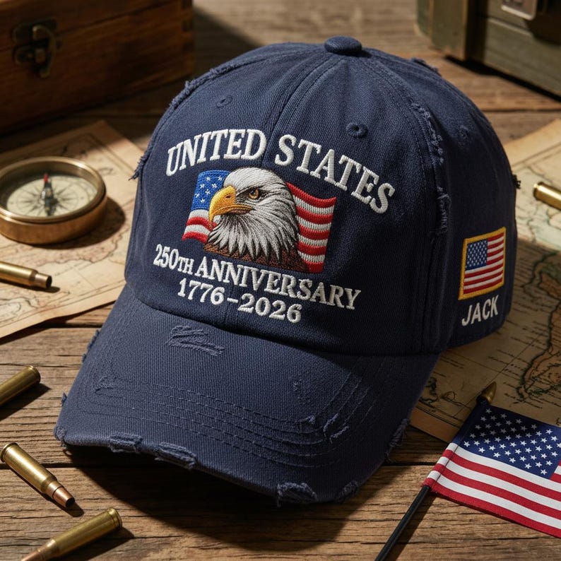 以下が含まれることがあります： ネイビーブルーの野球帽。縁が擦り切れたデザインで、「UNITED STATES」と「250TH ANNIVERSARY 1776-2026」の文字と、刺繍されたアメリカ国旗とワシのデザインが特徴です。小さなアメリカ国旗のパッチが側面にあります。