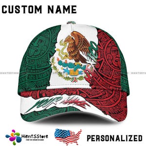 Custom Name Mexico Flag Baseball Cap – Personalized Hat with Aztec Calendar Pattern & Ripped Effect, Latino Pride Gift, Adjustable Snapback