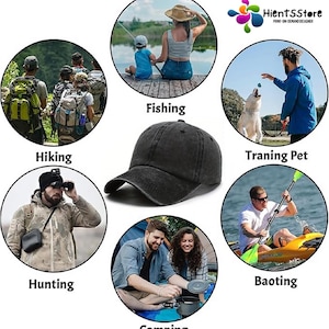 May include: A black, distressed baseball cap with a curved brim. The image shows the cap with scenes of outdoor activities like hiking, fishing, camping, boating, hunting, and training a pet. The text "HientsSStore PRINT ON DEMAND DESIGNER" is in the upper right corner.
