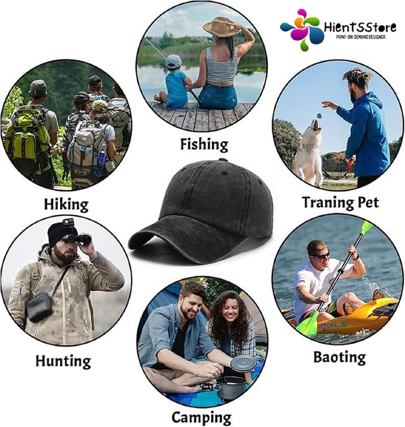 May include: A black, distressed baseball cap with a curved brim. The image shows the cap with scenes of outdoor activities like hiking, fishing, camping, boating, hunting, and training a pet. The text "HientsSStore PRINT ON DEMAND DESIGNER" is in the upper right corner.