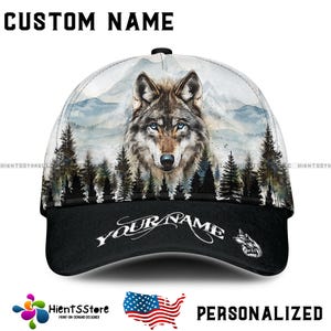 Custom Name Wolf Cap for Men, Personalized Name Hat with Mountain Forest Scene, Blue Eyes Wolf Baseball Cap, Outdoor Nature Gift