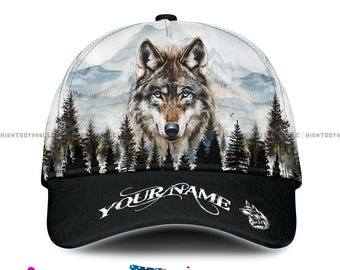Custom Name Wolf Cap for Men, Personalized Name Hat with Mountain Forest Scene, Blue Eyes Wolf Baseball Cap, Outdoor Nature Gift