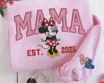 Disney Mama Mouse Embroidered Crewneck, Personalized Kid Name On Sleeve Embroidery Hoodie, Mother's Day Gift For Mom, Disneyland Trip