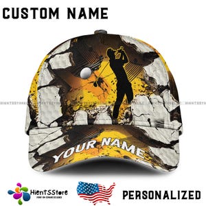 Kundenspezifische gelbe Golfkappe mit rissigem Wand-Entwurf, personalisierte NamensBaseball-Hut, mutiges Golfergeschenk für Männer, Vati, Vatertags-Sportkappe