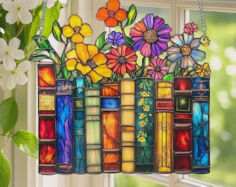 Flower Book Suncatcher Window Hanging Acrylic, Book Lover Gift, Book Club Gift, Book Lover Suncatcher, Book Reader Gifts, Book Club Ornament