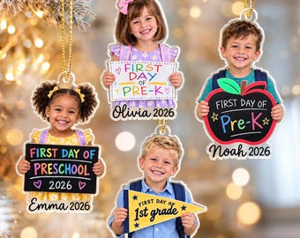 Personalized Kids School Photo Ornament, PreK Kindergarten Ornament with Picture, First Day of School Keepsake, Milestone Gift