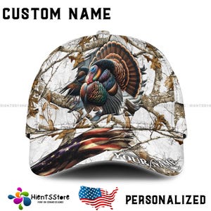 Custom Name American Flag Turkey Hunting Hat – Personalized Wild Turkey Cap with Custom Name – Patriotic Camo Trucker Hat for Hunters