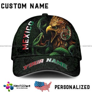 Personalized Mexico Baseball Cap with Aztec Eagle & Snake Design – Custom Name Hat for Men, Mexican Heritage Patriotic Gift