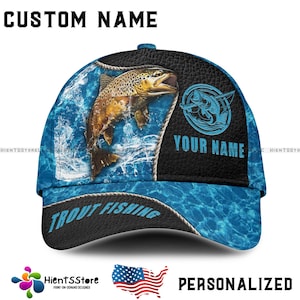 Custom Name Trout Fishing Hat for Men – Personalized Name Cap with Brown Trout Design, Fisherman Gift