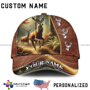 Chapeau de chasse avec nom personnalisé en similicuir avec nom personnalisé Casquette de baseball Buck Forest pour chasseurs, cadeau rustique pour papa, amateurs de plein air, États-Unis