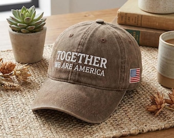 Together We Are Americaの刺繍入りウォッシュドハット、ユニティステートメントベースボールハット、ダイバーシティプライドダッドハット、インクルーシブなストリートウェアヘッドウェア