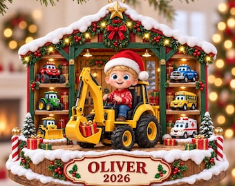 Little Boy Kid With Excavator - Personalized 3D Print Ornament, Custom Name Christmas Ornament for Boys, Kids Excavator Tractor Holiday Gift