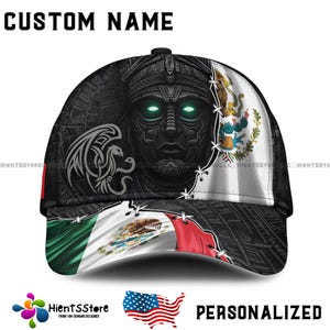 Custom Name Mexican Flag Hat for Men – Personalized Mexico Aztec Warrior Baseball Cap –  Patriotic Mexican Pride Gift Snapback
