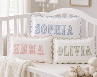 Personalized Floral Name Pillow Cover, Custom Embroidered Baby Pillowcase, Scalloped Nursery Cushion, Baby Room Decor Gift