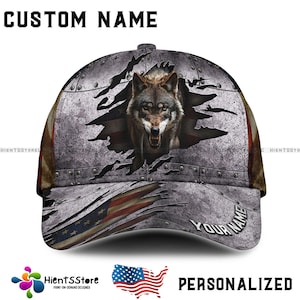 Custom Name Wolf Cap for Men, American Flag Hat with Ripped Metal Look, Personalized Name 3D Baseball Cap, Patriotic Gift for Hunters