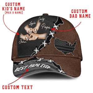 Benutzerdefinierte Name Papa Ever Best Hut mit Kinder Name 3D gedruckter Stoff Hut mit Muster Leder-Look, US Karte & Fist Bump, personalisiertes Geschenk für Papa