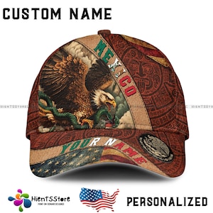 Custom Name Hat Gift for Mexican Pride, Heritage, Latino Patriotic Fans - Personalized Mexico Baseball Cap with Eagle Aztec Pattern