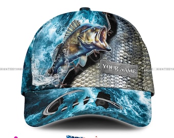 Custom Name Bass Fishing Cap for Men Custom Name Fisherman Hat, Fishing Gifts for Dad, Outdoor Sports Adjustable Baseball Hat