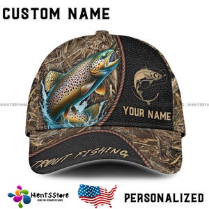 Benutzerdefinierter Namensangelnhut, personalisierte Forellenangelnkappe, Outdoor-Ausrüstung, Camo- und Namensoptionen, perfekte Angelgeschenke für Männer, Trucker & Dad