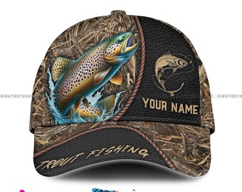 Custom Name Fishing Hat, Personalized Trout Fishing Cap, Outdoor Gear, Camo and Name Options, Perfect Fishing Gifts for Men, Trucker & Dad