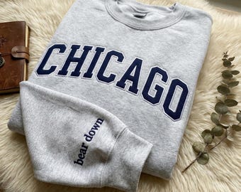 Chicago Bear Down Sleeve Embroidered Sweatshirt | Oversized Football Fan Crewneack | Bear Down Embroidered Collar | Organic Cotton Fleece